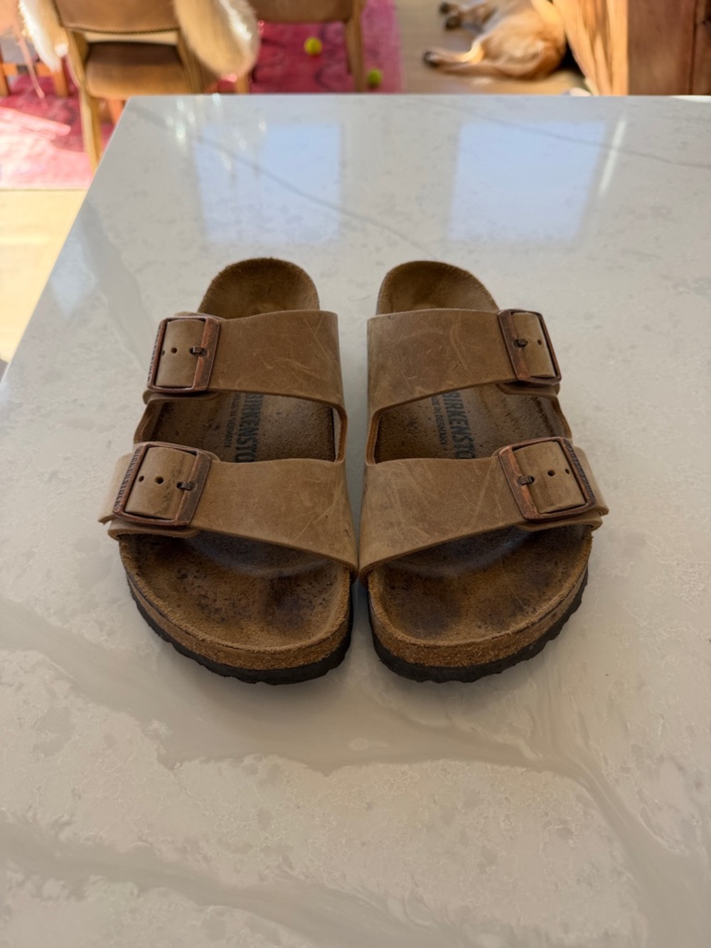 Birkenstock Brown Two-Strap Leather Slide Sandals